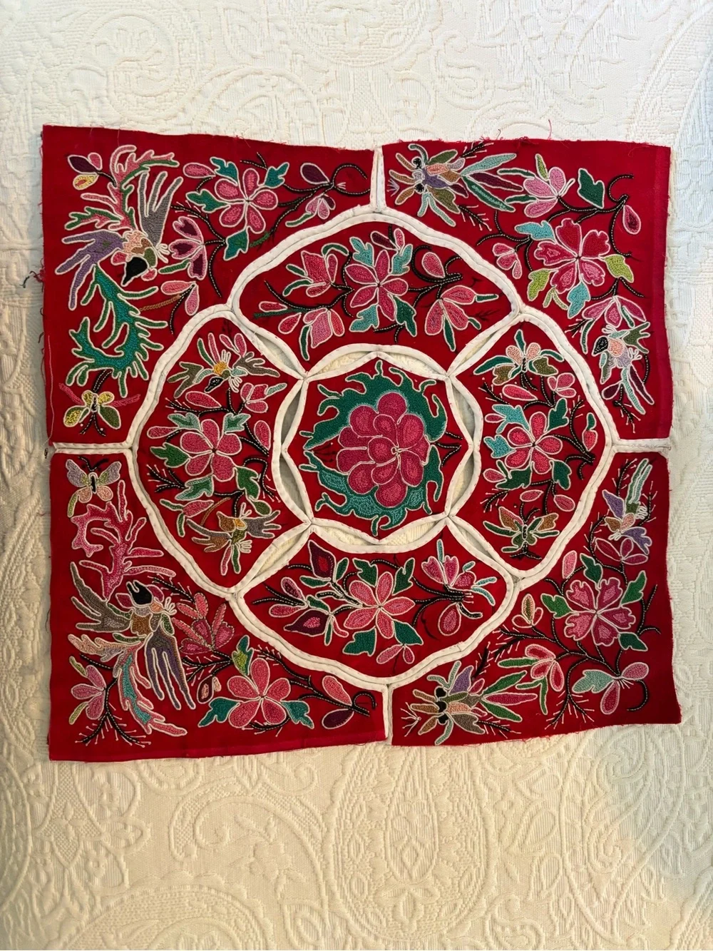Embroidered Red Floral Bohemian Tapestry Wall Accent